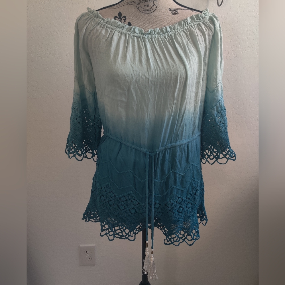 Young Fabulous & Broke Blue Ombre Knit Crochet Casual Spring Romper_small